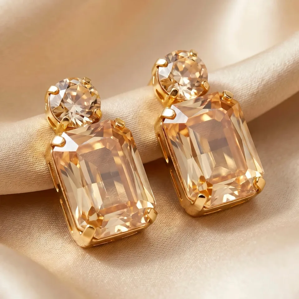 Nityara Earrings Anti-Tarnish Rectangular Champagne Gemstone