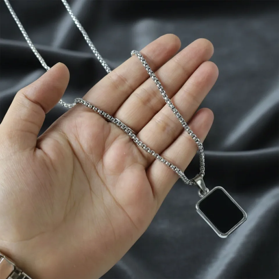 Men's Stainless-Steel Pendant Chain – Sleek Black Rectangle