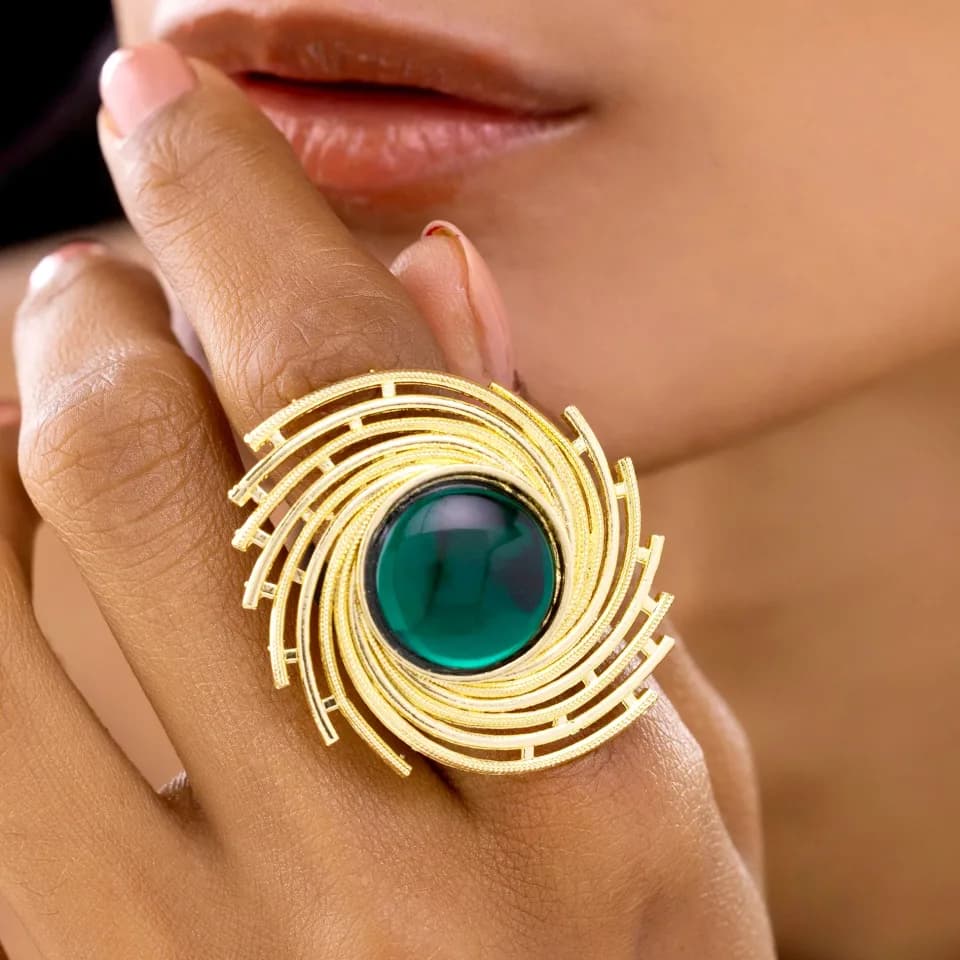 Nityara Ring Anti-Tarnish Galaxy Green Cabochon Cocktail (Adjustable Size)