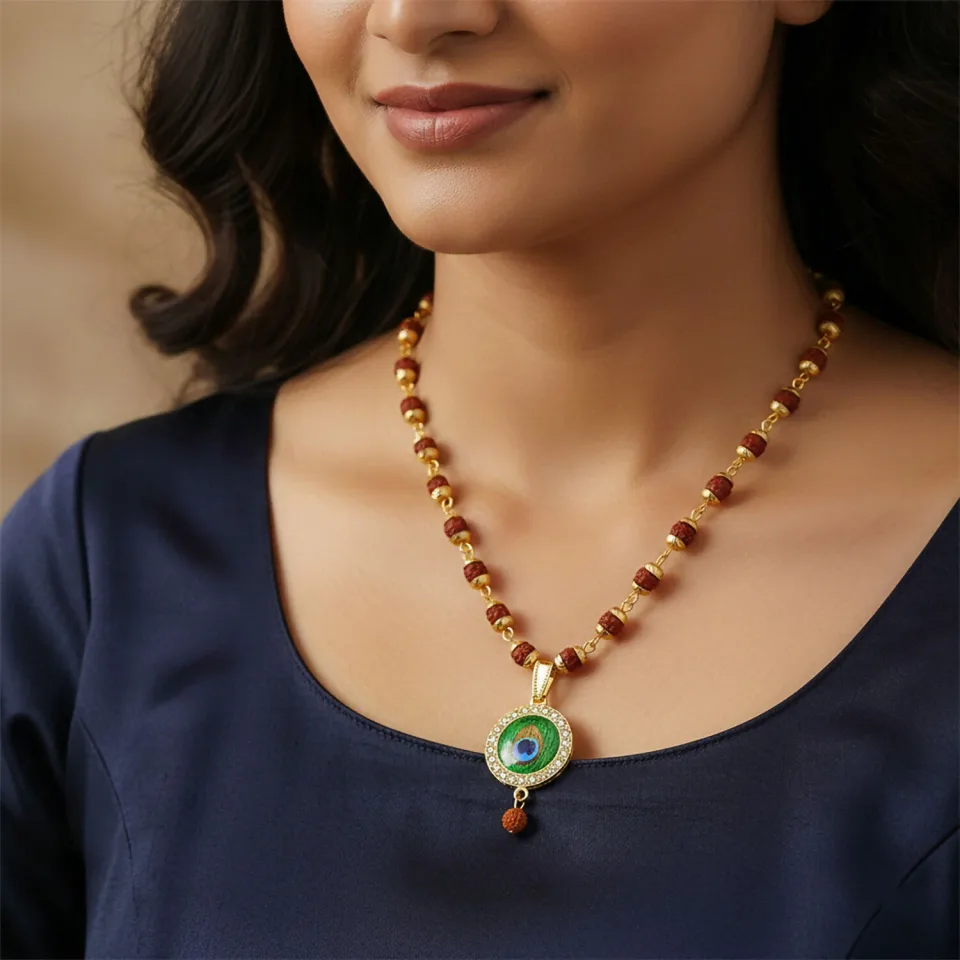 Gold Plated Peacock Feather Pendant Necklace With Rudraksha Mala
