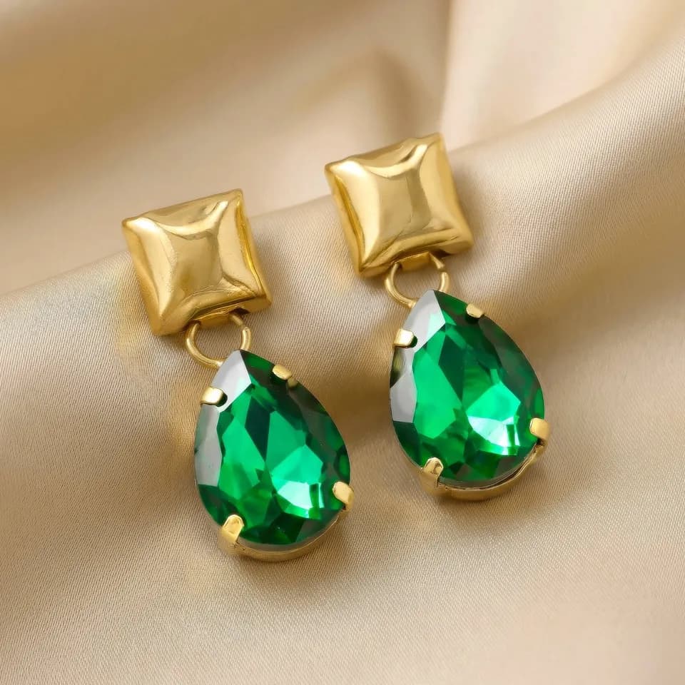 Nityara Earrings Anti-Tarnish Emerald Teardrop Dangle Earrings With Square Studs