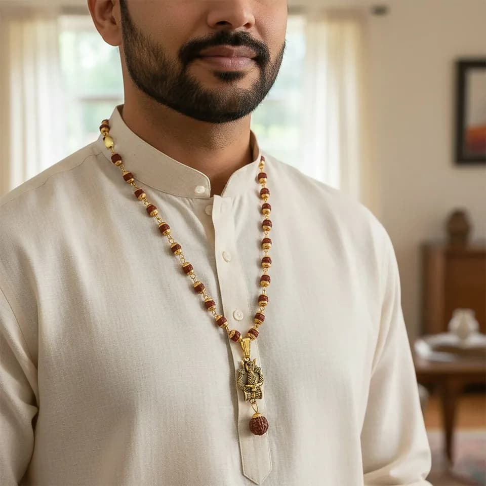 Gold Pendant Rudraksha Mala – Spiritual Trishul Shivling Necklace